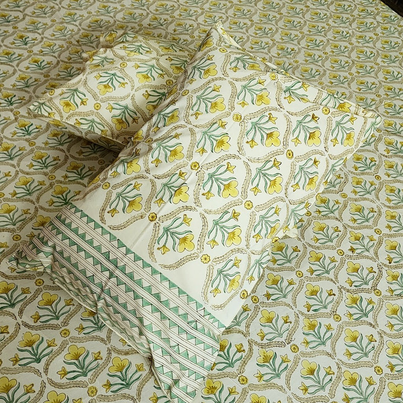 Yellow Love Hand Block Bedsheet