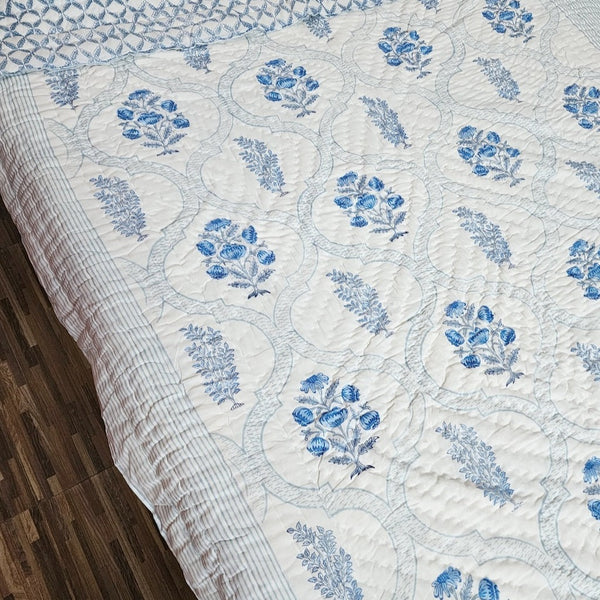 Blue and Grey Floral Grid Single Hand Blocked Quilt