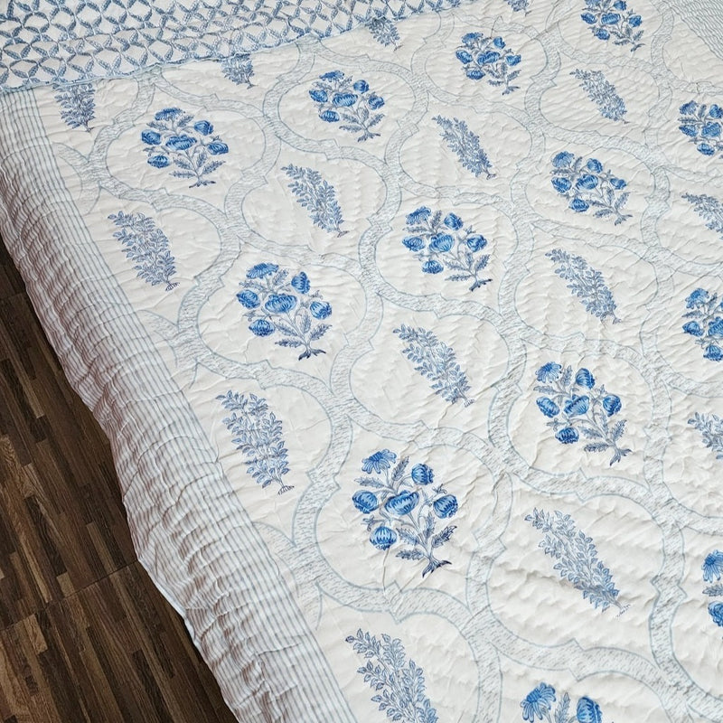 Blue and Grey Floral Grid Single Hand Blocked Quilt