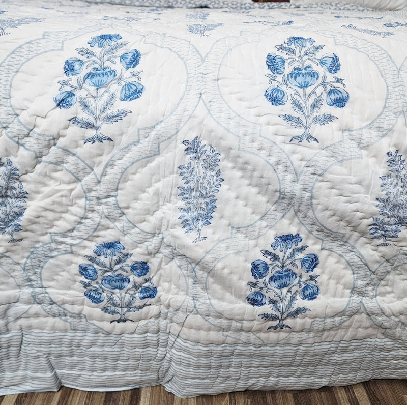 Blue and Grey Floral Grid Single Hand Blocked Quilt