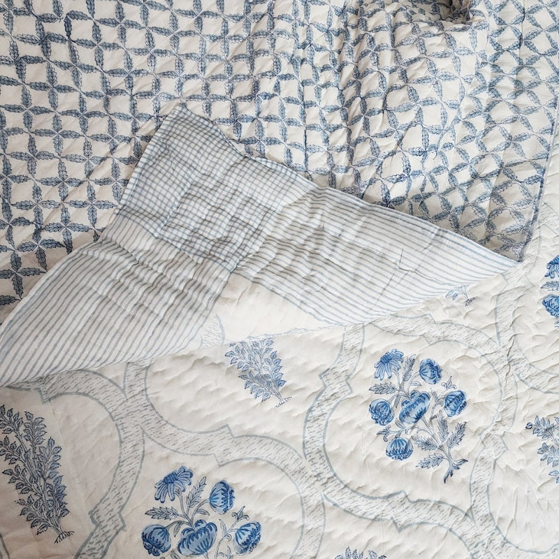 Blue and Grey Floral Grid Single Hand Blocked Quilt
