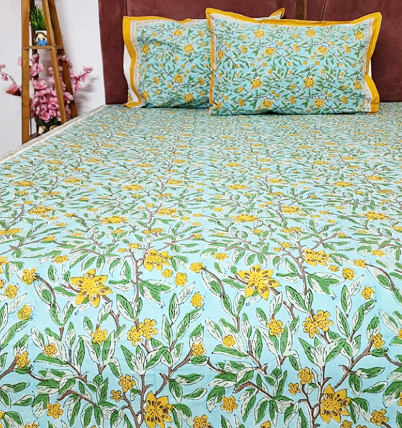 Green and Mustard Yellow Blockprint Bedsheet