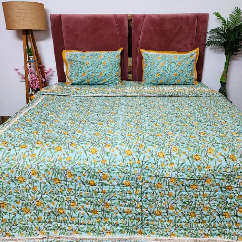 Green and Mustard Yellow Hand Blocked Quilt Bedding Set