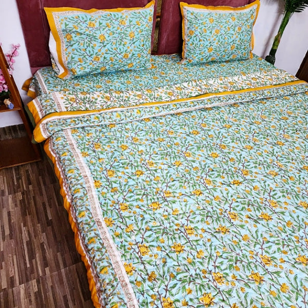 Green and Mustard Yellow Hand Blocked Quilt Bedding Set