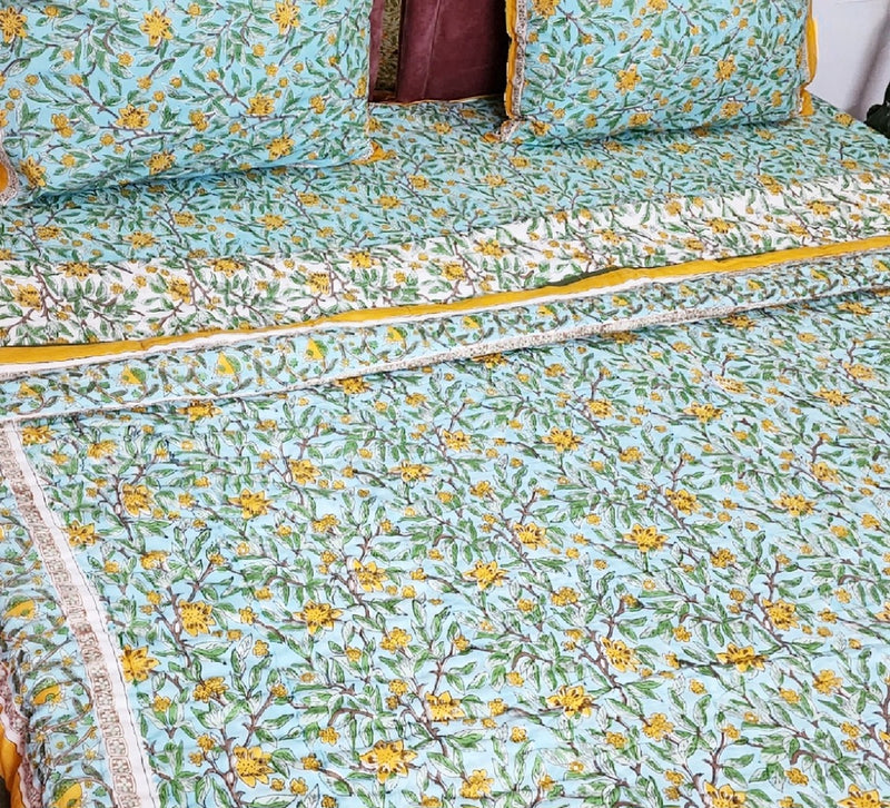 Green and Mustard Yellow Hand Blocked Quilt Bedding Set