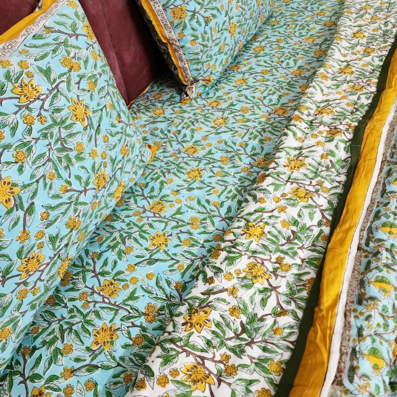 Green and Mustard Yellow Hand Blocked Quilt Bedding Set