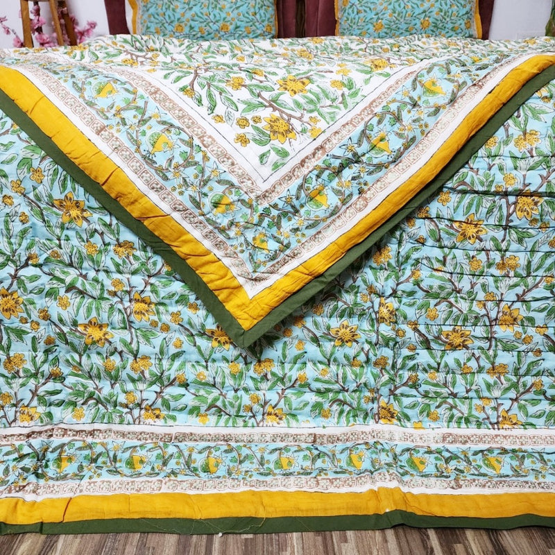 Green and Mustard Yellow Hand Blocked Quilt Bedding Set