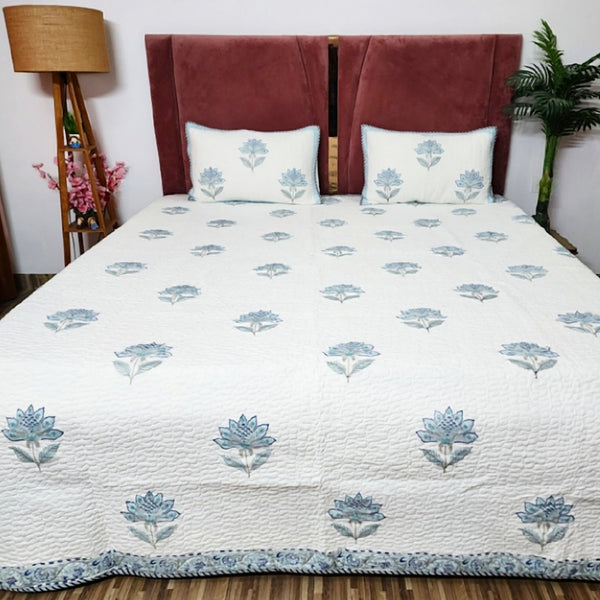 Calming Blue - Hand Blocked Quilted Bedcover