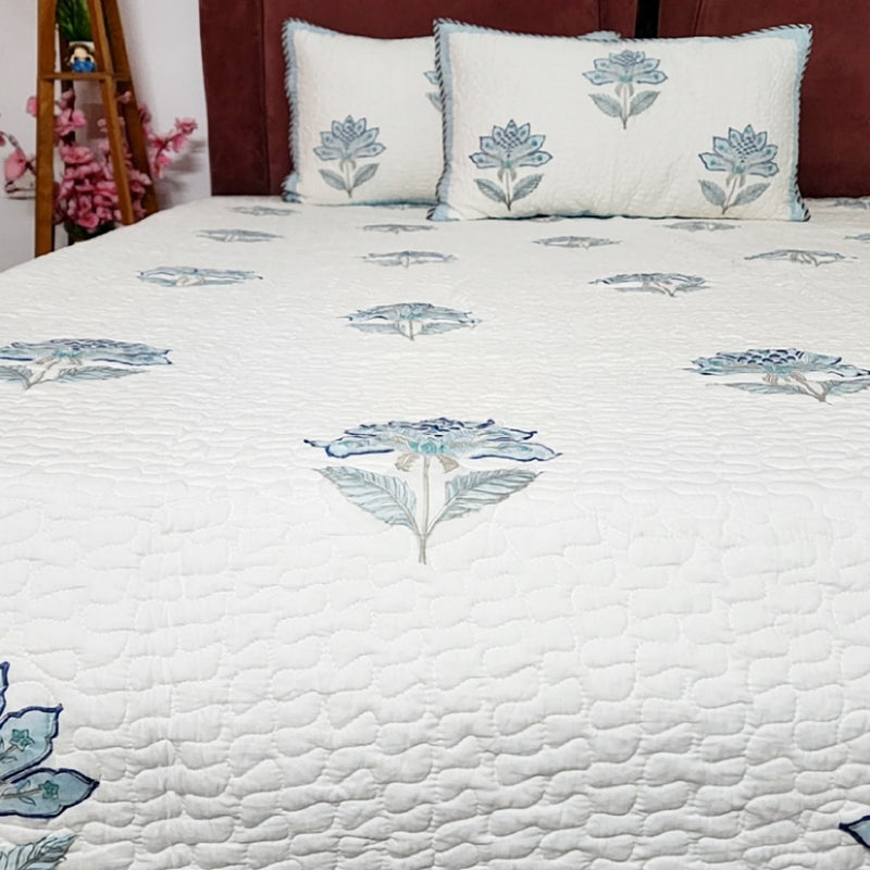 Calming Blue - Hand Blocked Quilted Bedcover