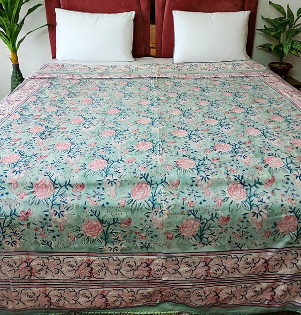 Mint Green Floral Print Double Hand Blocked Dohar