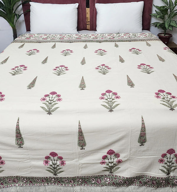 Cypress and Floral Motif Double Hand Blocked Dohar
