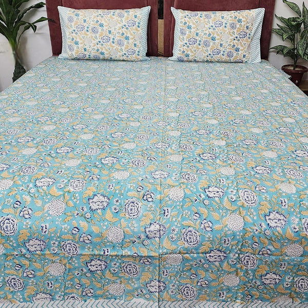 Turquoise Blue Floral Print Hand Blocked Sheet