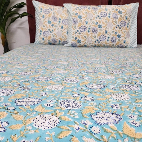 Turquoise Blue Floral Print Hand Blocked Sheet