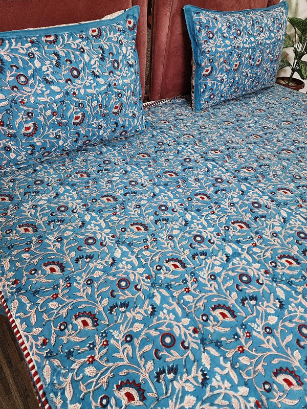 Blue Floral Print Blockprint Bedsheet
