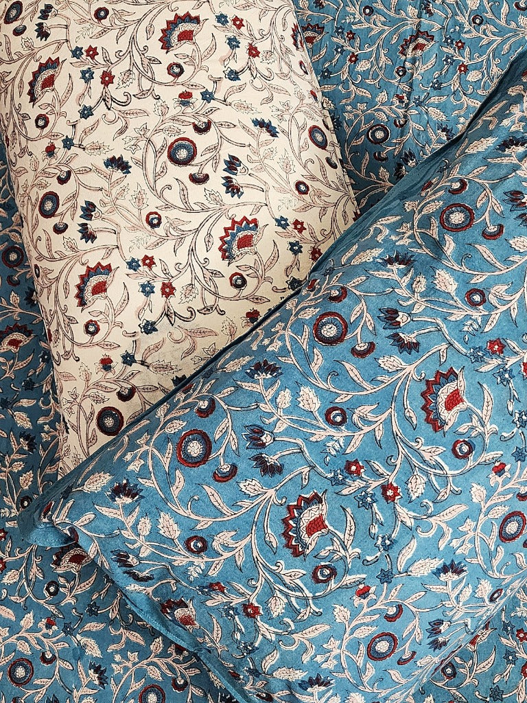 Blue Floral Print Blockprint Bedsheet