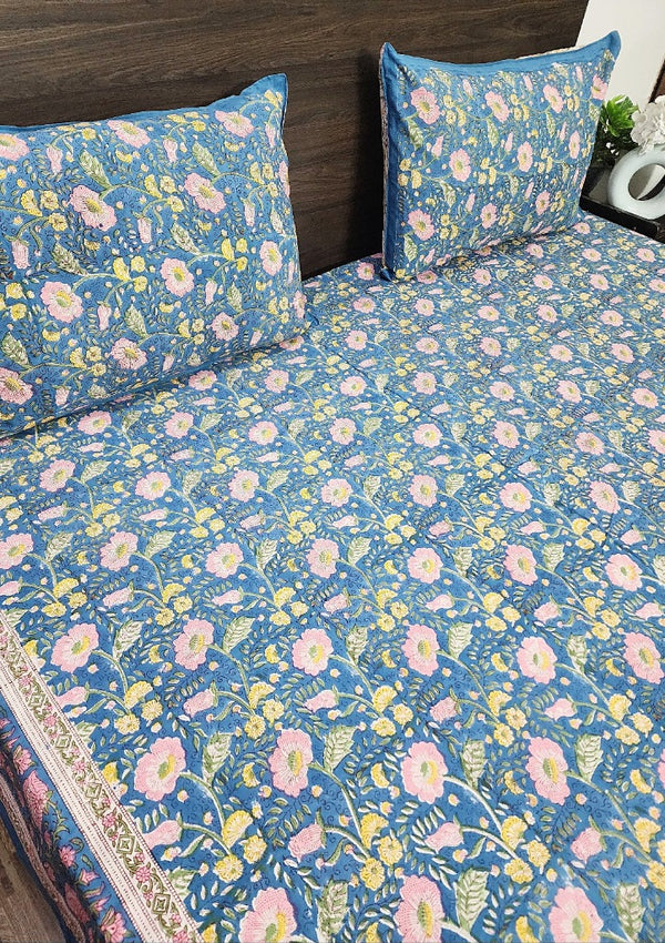 Teal Blue Floral Print Blockprint Bedsheet