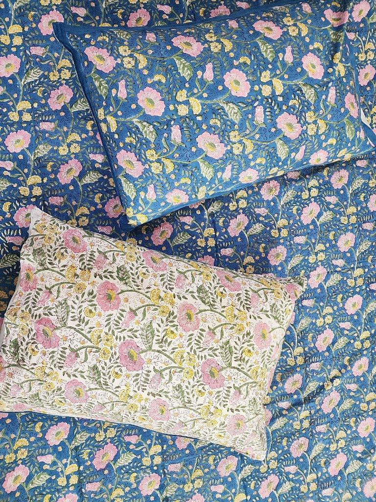 Teal Blue Floral Print Blockprint Bedsheet