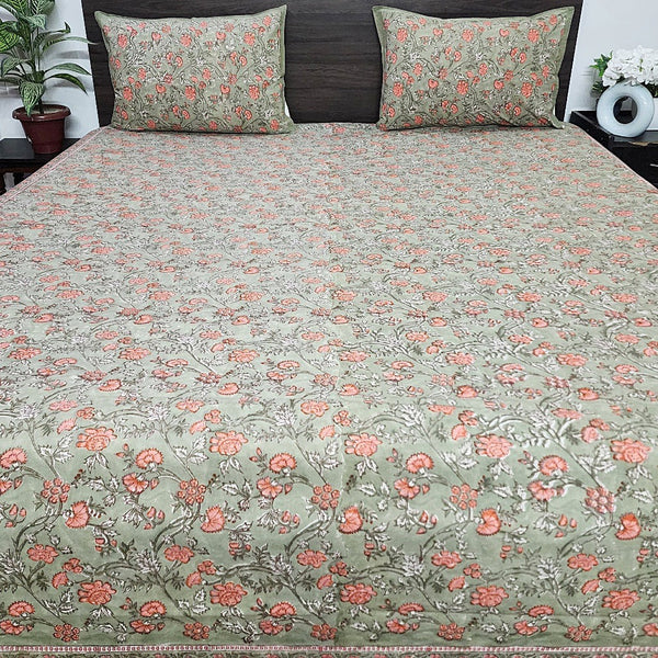 Mint Green and Peach Floral Print Blockprint Bedsheet