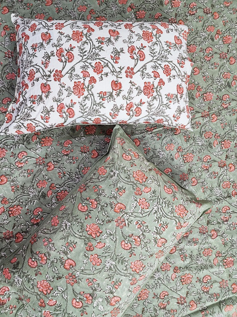 Mint Green and Peach Floral Print Blockprint Bedsheet