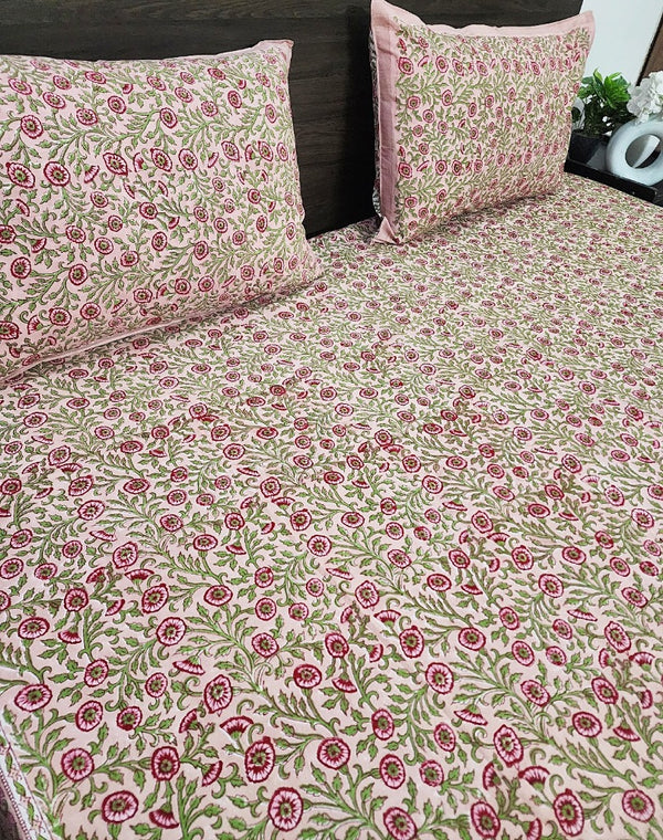 Peach and Green Floral Print Blockprint Bedsheet
