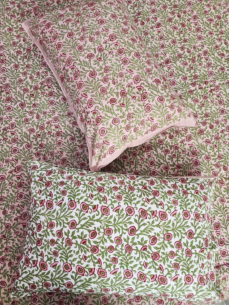 Peach and Green Floral Print Blockprint Bedsheet