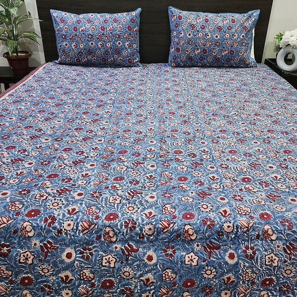 Electric Blue Floral Print Blockprint Bedsheet