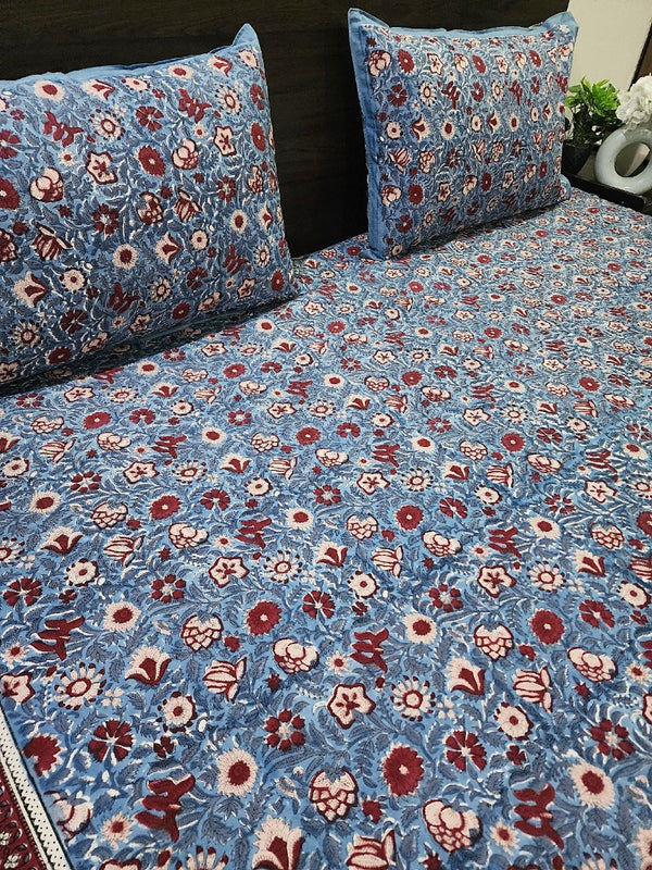 Electric Blue Floral Print Blockprint Bedsheet