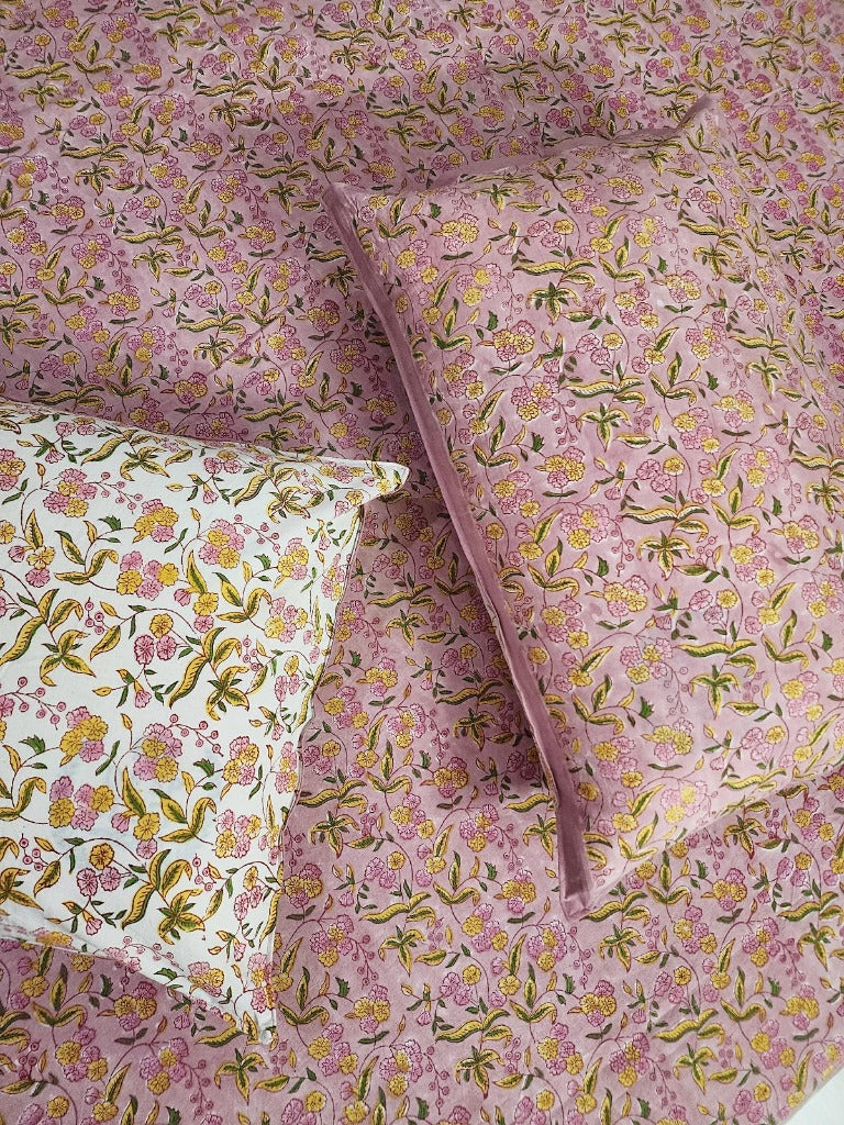 Pink Floral Print Blockprint Bedsheet