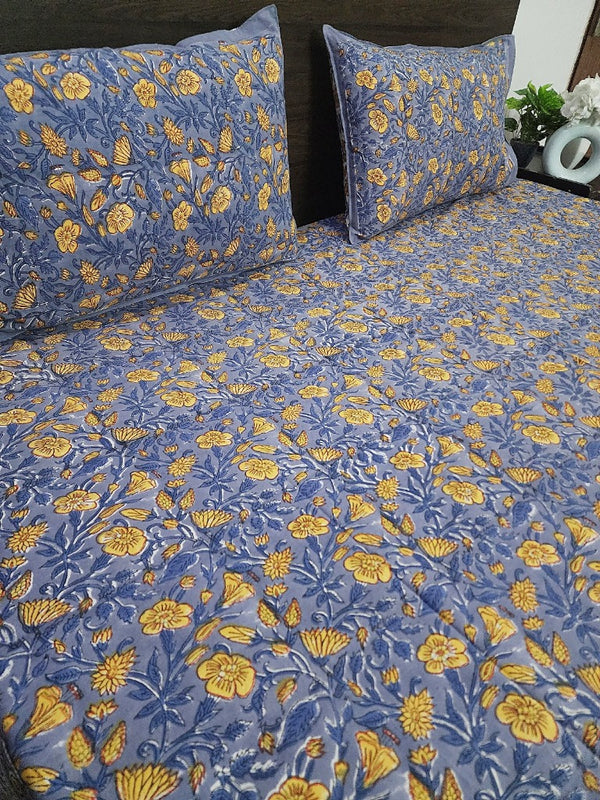 Blue and Yellow Floral Print Blockprint Bedsheet