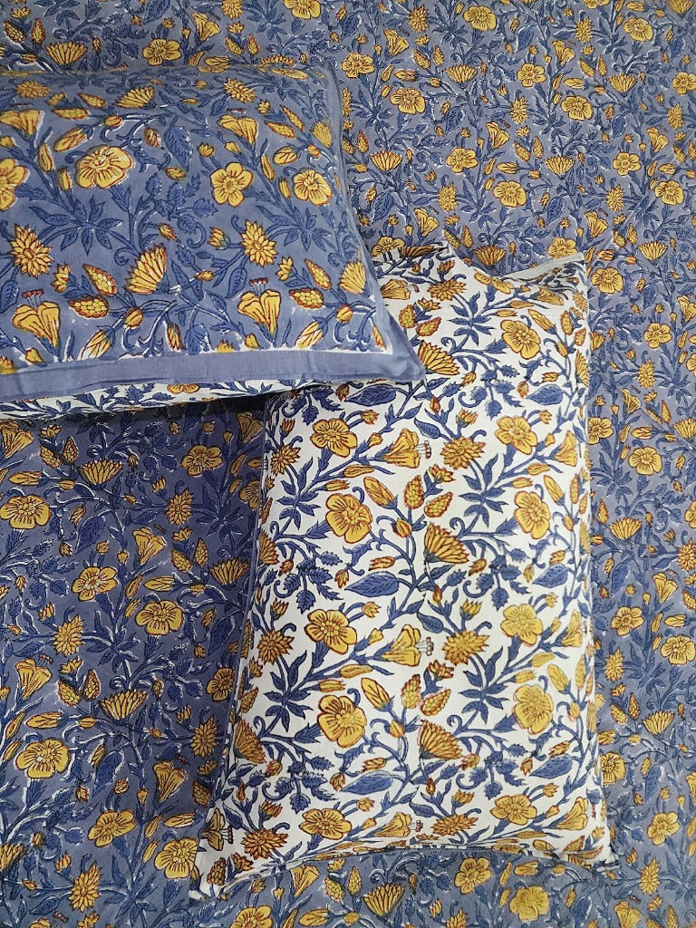 Blue and Yellow Floral Print Blockprint Bedsheet