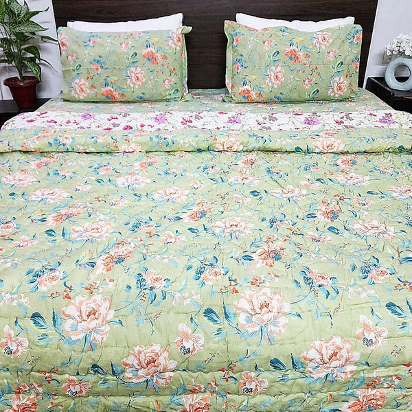 Green Floral Quilt Bedding Set