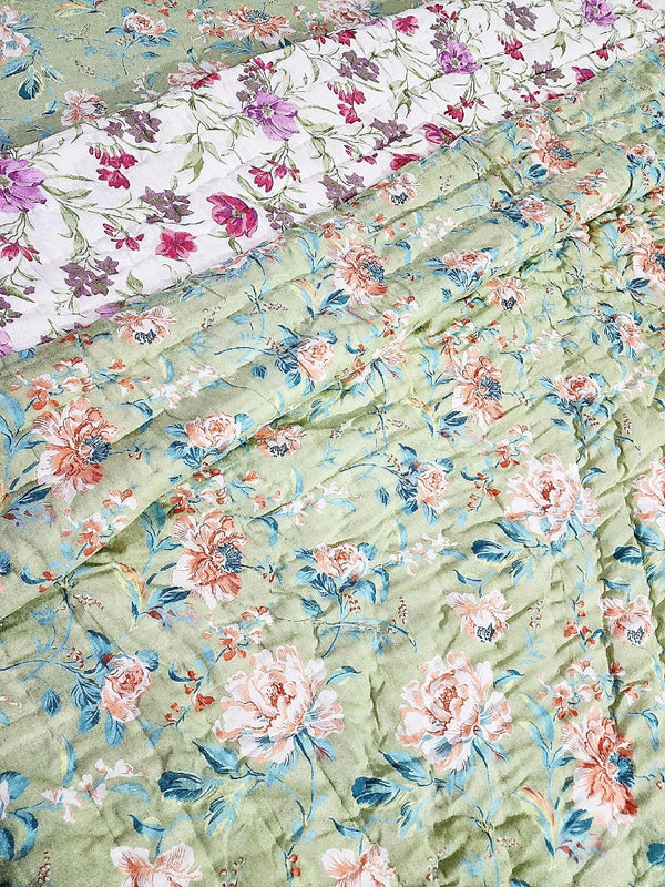 Green Floral Quilt Bedding Set