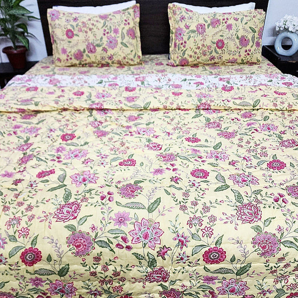 Yellow and Pink Floral Quilt Bedding Set