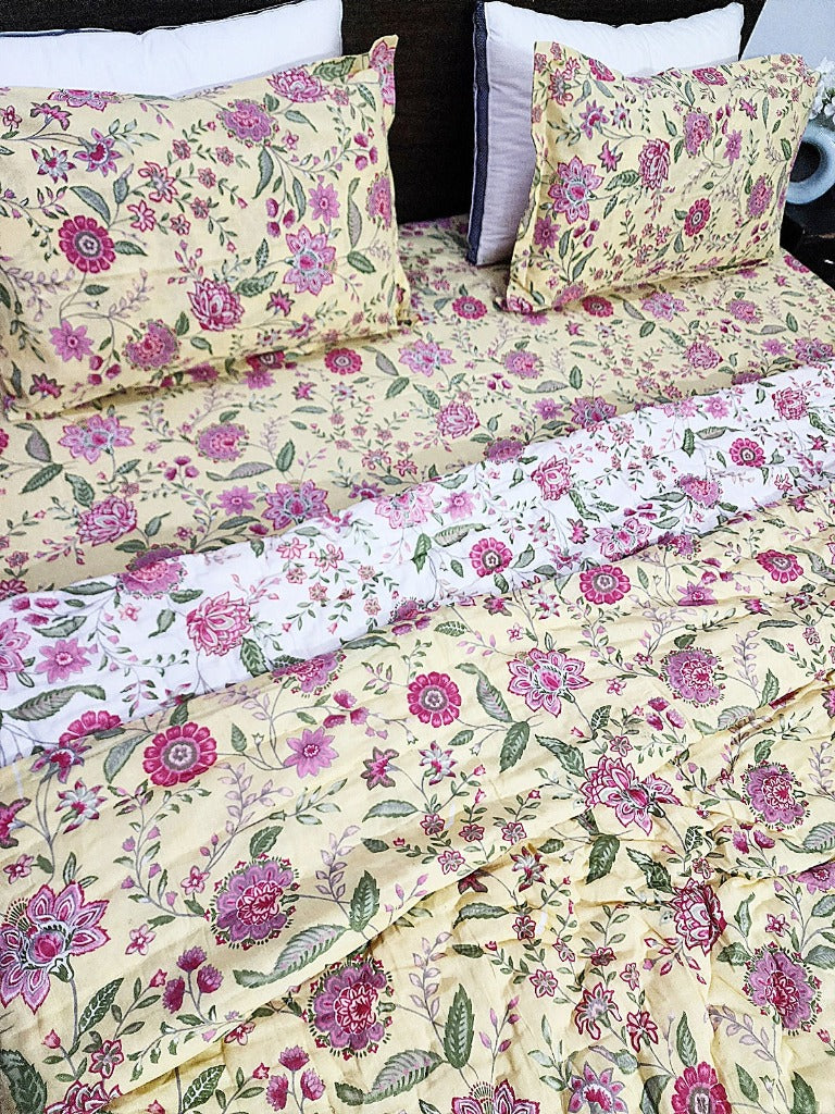 Yellow and Pink Floral Quilt Bedding Set