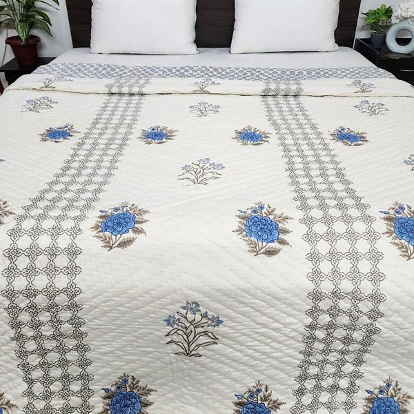 Blue Floral Print Double Hand Blocked Quilt