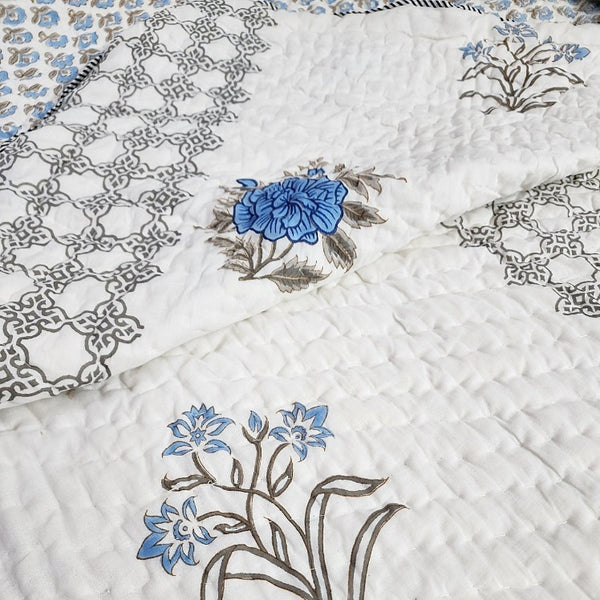 Blue Floral Print Double Hand Blocked Quilt