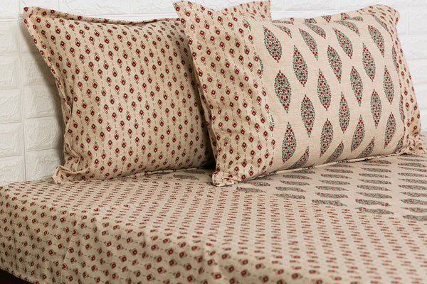 Beige and Red Leaf Buti Ajrakh Bedsheet