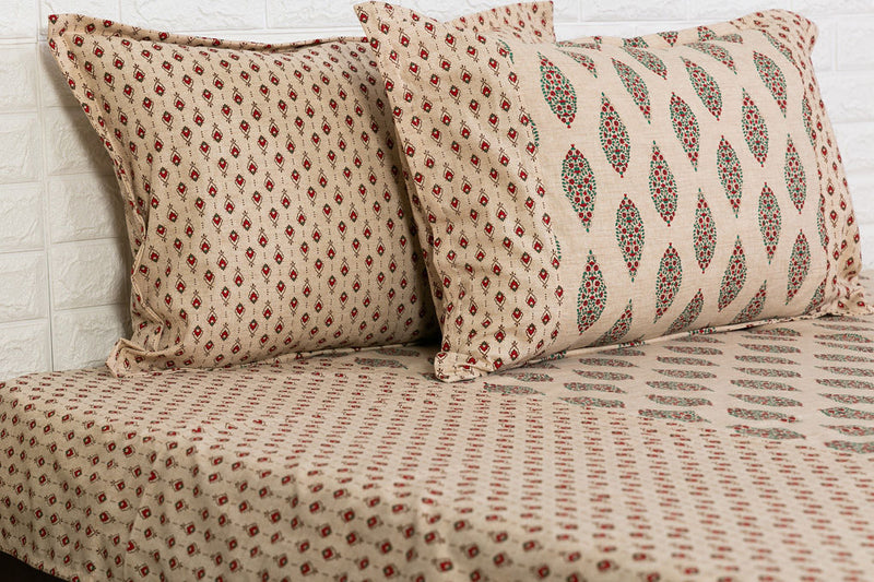 Beige and Red Leaf Buti Ajrakh Bedsheet