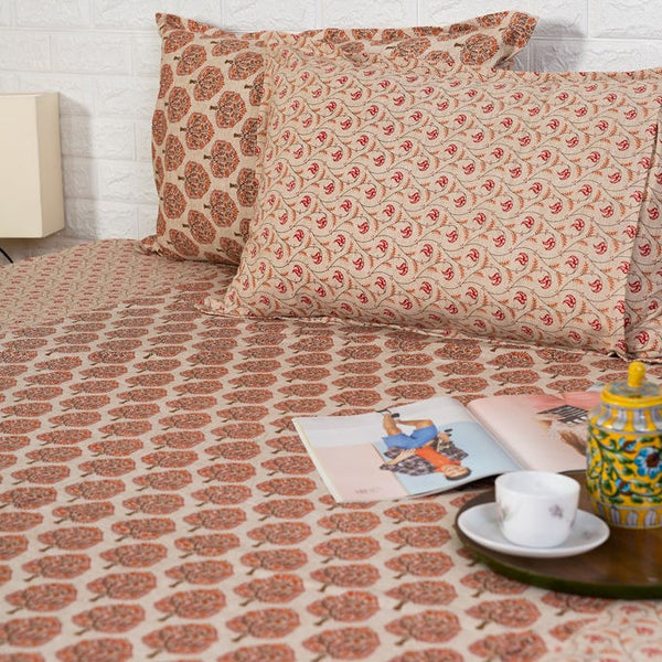 Coral Red Floral Print Ajrakh Bedsheet