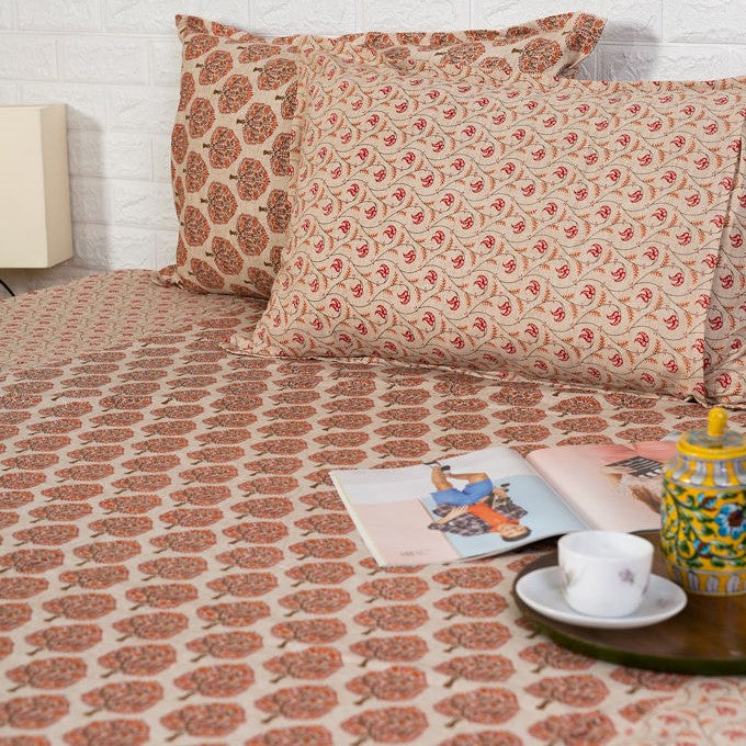 Coral Red Floral Print Ajrakh Bedsheet