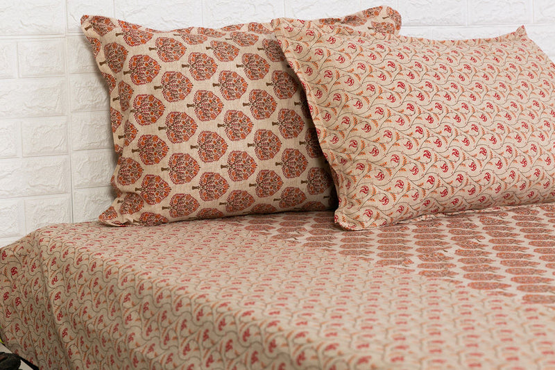 Coral Red Floral Print Ajrakh Bedsheet