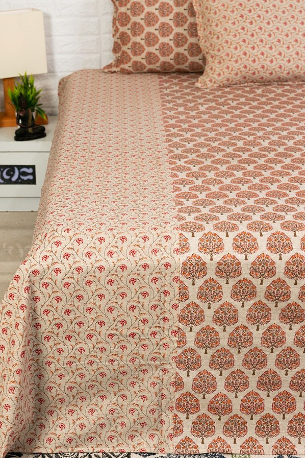 Coral Red Floral Print Ajrakh Bedsheet