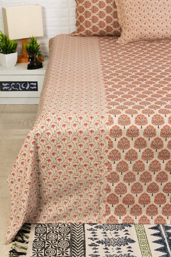 Coral Red Floral Print Ajrakh Bedsheet