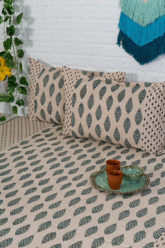 Beige and Blue Ajrakh Bedsheet