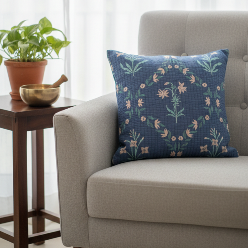 Blue's Elegance - Quilted and Reversible Cushion Cover