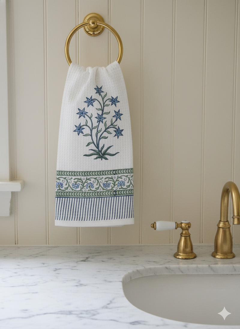 Flowery Blue Hand Blocked Hand Towel