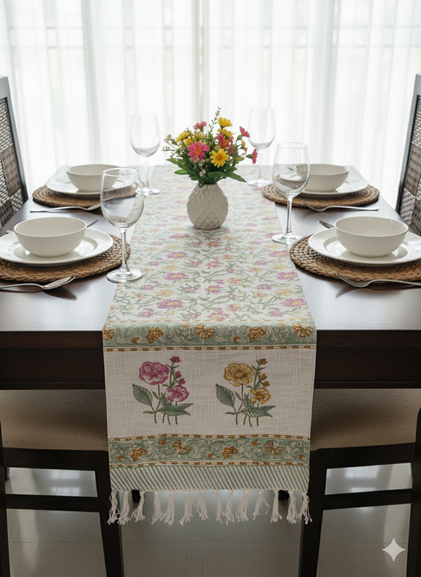 Blooming Garden Hand Blocked Jute Table Runner