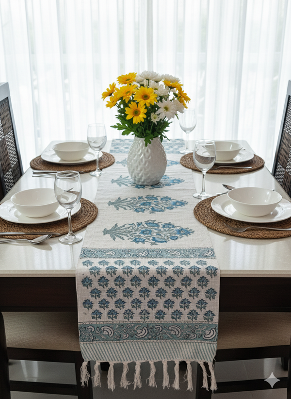Ocean Mist Hand Blocked Jute Table Runner