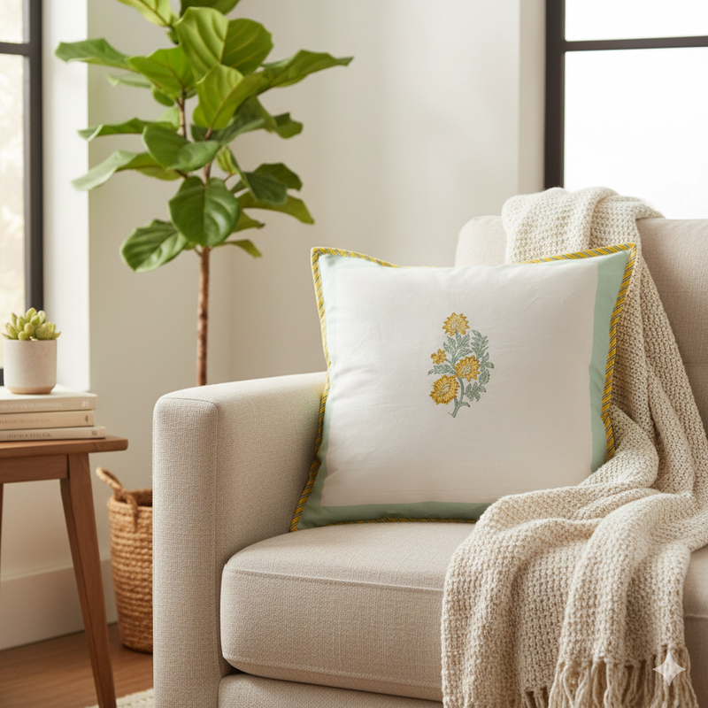 Yellow Leafy Floral Hand Blocked Cushion Cover