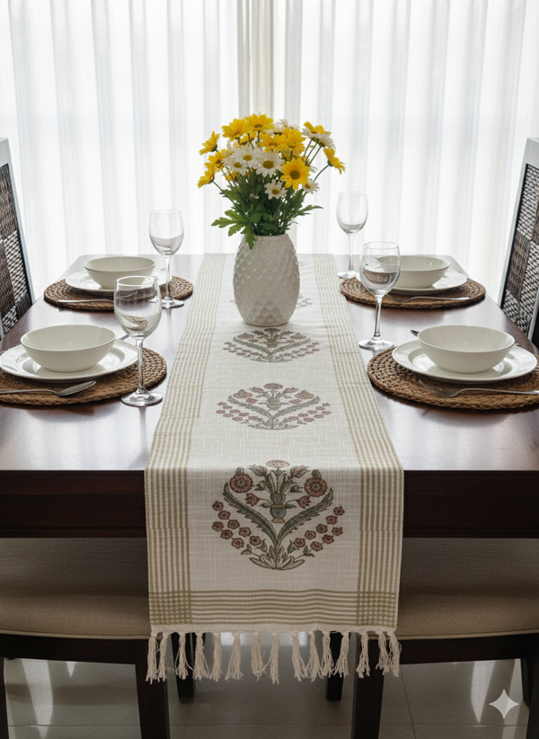 Artisanal Charm Hand Blocked Jute Table Runner